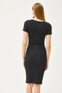 Olalook Women's Black Metal Placket Accessory Pocket Lycra Mini Cotton Dress - Image 5