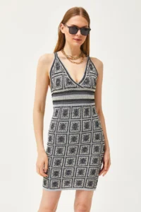 Olalook Women's Black Strappy Patch Patterned Cross Back Mini Knitwear Dress - Image 2