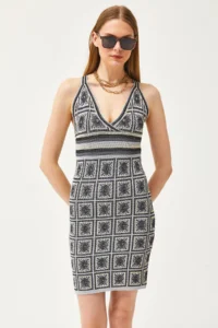 Olalook Women's Black Strappy Patch Patterned Cross Back Mini Knitwear Dress - Image 3