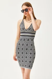 Olalook Women's Black Strappy Patch Patterned Cross Back Mini Knitwear Dress - Image 4