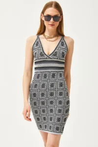 Olalook Women's Black Strappy Patch Patterned Cross Back Mini Knitwear Dress - Image 5