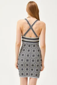 Olalook Women's Black Strappy Patch Patterned Cross Back Mini Knitwear Dress - Image 6