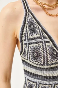 Olalook Women's Black Strappy Patch Patterned Cross Back Mini Knitwear Dress - Image 7
