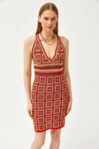 Olalook Women's Red Strap Patch Patterned Cross Back Mini Knitwear Dress - Image 2