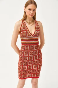 Olalook Women's Red Strap Patch Patterned Cross Back Mini Knitwear Dress - Image 3