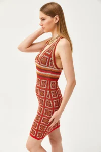Olalook Women's Red Strap Patch Patterned Cross Back Mini Knitwear Dress - Image 4
