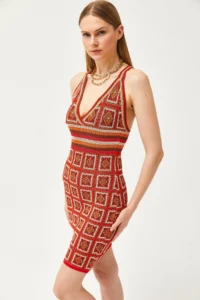 Olalook Women's Red Strap Patch Patterned Cross Back Mini Knitwear Dress - Image 5