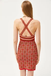 Olalook Women's Red Strap Patch Patterned Cross Back Mini Knitwear Dress - Image 6
