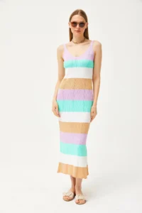 Olalook Women's Lilac Strap Striped Knitwear Dress with Slits on the Side - Image 2