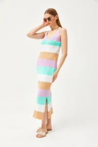 Olalook Women's Lilac Strap Striped Knitwear Dress with Slits on the Side - Image 3