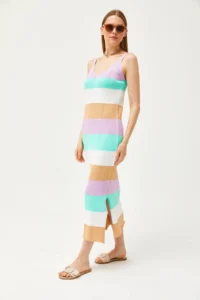 Olalook Women's Lilac Strap Striped Knitwear Dress with Slits on the Side - Image 4