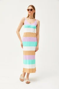 Olalook Women's Lilac Strap Striped Knitwear Dress with Slits on the Side - Image 5