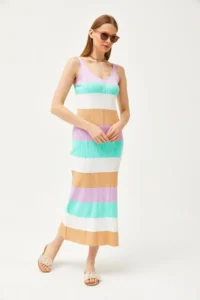 Olalook Women's Lilac Strap Striped Knitwear Dress with Slits on the Side - Image 6