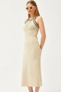 Olalook Women's Stone Halter Collar Maxi Knitwear Dress