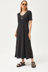 Olalook Women Black V-neck Casual Maxi Dress