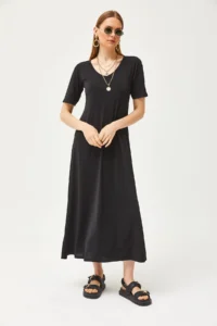Olalook Women Black V-neck Casual Maxi Dress - Image 2