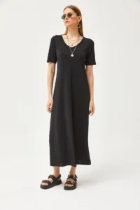 Olalook Women Black V-neck Casual Maxi Dress - Image 3