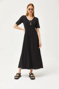 Olalook Women Black V-neck Casual Maxi Dress - Image 4