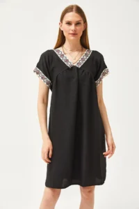 Olalook Women's Black Collar Lace Linen Dress - Image 2