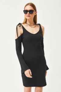Olalook Women's Black Strap Tied Spanish Sleeve Waffle Dress - Image 2