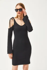 Olalook Women's Black Strap Tied Spanish Sleeve Waffle Dress - Image 3