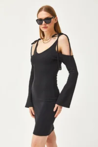 Olalook Women's Black Strap Tied Spanish Sleeve Waffle Dress - Image 4