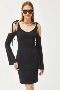 Olalook Women's Black Strap Tied Spanish Sleeve Waffle Dress - Image 5