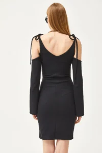 Olalook Women's Black Strap Tied Spanish Sleeve Waffle Dress - Image 6
