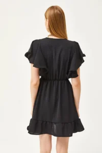 Olalook Women's Black Double Breasted Collar Sleeve Detailed Mini Flowy Dress - Image 2