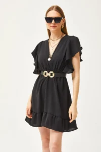 Olalook Women's Black Double Breasted Collar Sleeve Detailed Mini Flowy Dress - Image 3