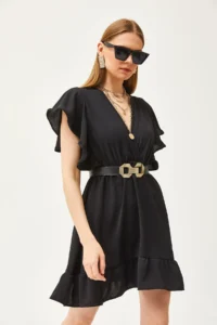 Olalook Women's Black Double Breasted Collar Sleeve Detailed Mini Flowy Dress - Image 4