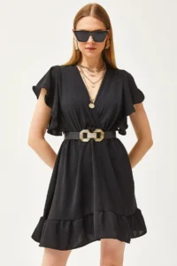Olalook Women's Black Double Breasted Collar Sleeve Detailed Mini Flowy Dress - Image 5