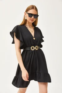 Olalook Women's Black Double Breasted Collar Sleeve Detailed Mini Flowy Dress - Image 6