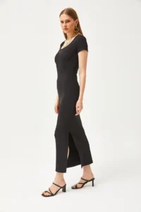 Olalook Women's Black U-Neck Lycra Slim Ribbed Slit Ottoman Dress - Image 2
