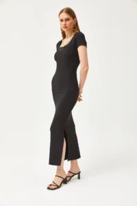 Olalook Women's Black U-Neck Lycra Slim Ribbed Slit Ottoman Dress - Image 3
