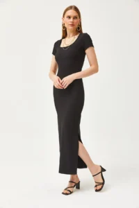 Olalook Women's Black U-Neck Lycra Slim Ribbed Slit Ottoman Dress - Image 4