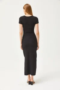 Olalook Women's Black U-Neck Lycra Slim Ribbed Slit Ottoman Dress - Image 5