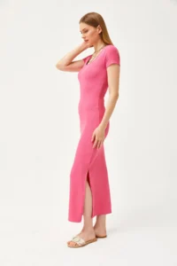 Olalook Women's Fuchsia U-Neck Lycra Slim Ribbed Slit Ottoman Dress - Image 2