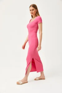 Olalook Women's Fuchsia U-Neck Lycra Slim Ribbed Slit Ottoman Dress - Image 4