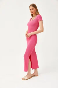 Olalook Women's Fuchsia U-Neck Lycra Slim Ribbed Slit Ottoman Dress - Image 5