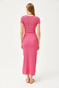 Olalook Women's Fuchsia U-Neck Lycra Slim Ribbed Slit Ottoman Dress - Image 7