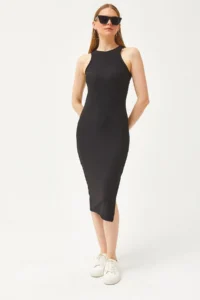 Olalook Women's Black Halter Collar Lycra Slim Ribbed Slit Ottoman Dress