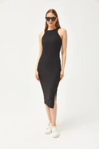 Olalook Women's Black Halter Collar Lycra Slim Ribbed Slit Ottoman Dress - Image 2
