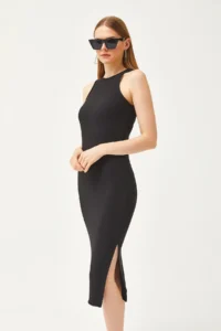 Olalook Women's Black Halter Collar Lycra Slim Ribbed Slit Ottoman Dress - Image 3
