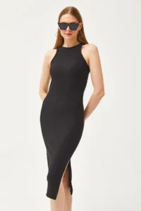 Olalook Women's Black Halter Collar Lycra Slim Ribbed Slit Ottoman Dress - Image 4