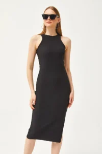 Olalook Women's Black Halter Collar Lycra Slim Ribbed Slit Ottoman Dress - Image 5
