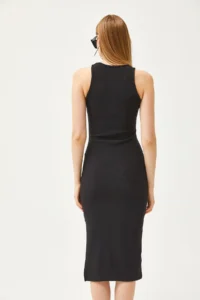 Olalook Women's Black Halter Collar Lycra Slim Ribbed Slit Ottoman Dress - Image 6