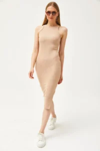 Olalook Women's Camel Halter Collar Lycra Slim Ribbed Slit Ottoman Dress