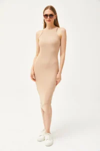 Olalook Women's Camel Halter Collar Lycra Slim Ribbed Slit Ottoman Dress - Image 2
