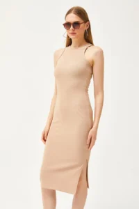 Olalook Women's Camel Halter Collar Lycra Slim Ribbed Slit Ottoman Dress - Image 3